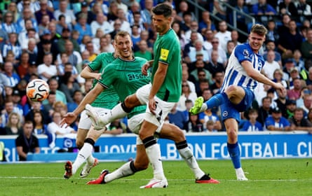 Brighton’s Evan Ferguson scores his third goal against Newcastle