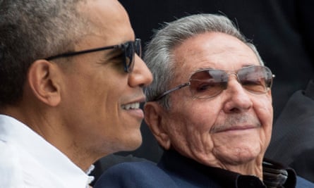Then US president Barack Obama and President of Cuba Raul Castro attending a baseball game between the Tampa Bay Rays and the Cuban national team in Havana, Cuba in 2016.
