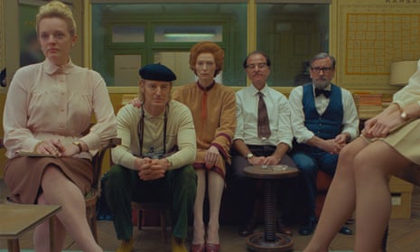 Elisabeth Moss, Owen Wilson, Tilda Swinton, Fisher Stevens and Griffin Dunne in Wes Anderson’s The French Dispatch.