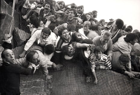European Cup Final, 1985. Liverpool v Juventus Heysel stadium disaster. Italian fans being crushed.