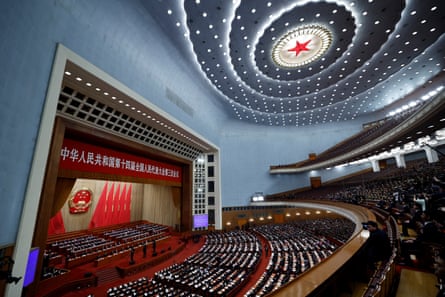 An interior of the Great Hall of the People, during the National People’s Congress, 2025.