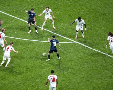 Six England defenders attempt to put pressure on the Argentina captain Lionel Messi during their 2026 World Cup semi-final.