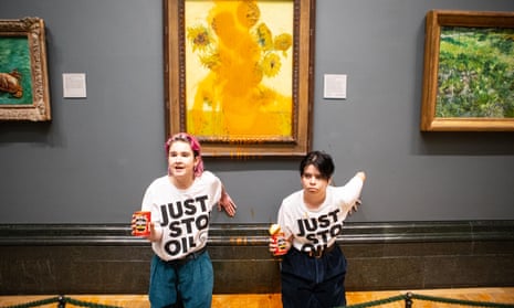 Just Stop Oil protestors splattered heinz Tomato Soup on "Sunflowers" by Vincent van Gogh