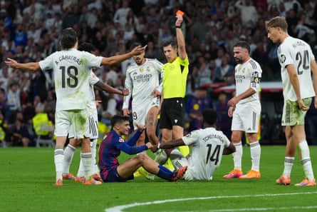 Barcelona’s Pedri was sent off in the 10th minute of stoppage time.