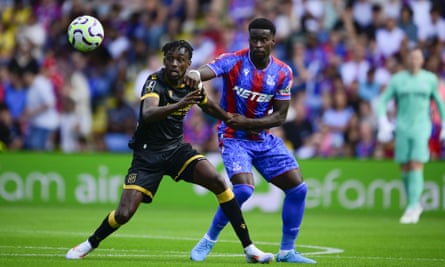 Marc Guéhi battles for the ball with Tino Kadewere of Nantes during Crystal Palace’s friendly on 11 August.