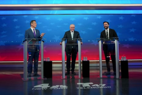 Andrew Cuomo, Curtis Sliwa and Zohran Mamdani at the New York City mayoral debate.