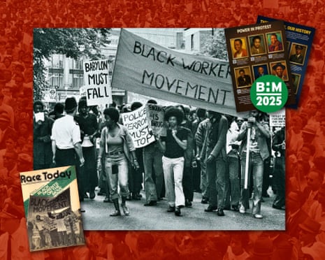 Composite illustration - main pic: a demonstration on Gresham Road past the Brixton Police Station in support of the 'Brockwell Three' organised by the Black Workers' Movement (BWM), South London, UK, 4th July 1973. Inset left: Front cover of the magazine Race Today, January 1976. Top right: Literature from BHM 2025.