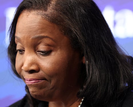 Federal Reserve Board Governor Lisa Cook looks down while speaking on “The Outlook for the Economy and Monetary Policy” at the Brookings Institution in Washington DC, US, 3 November 2025