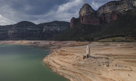 An aerial view of Sau reservoir in Catalonia, Spain, where drought conditions have caused water reserves to reach critical levels