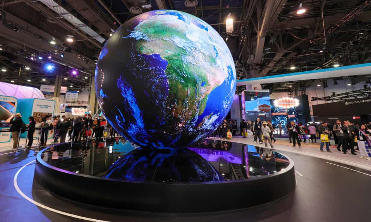A globe at a CES technology consumer show in Las Vegas this week. Climate experts claim ‘creativity and innovation are driving overconsumption’. Photograph: Ethan Miller/Getty Images