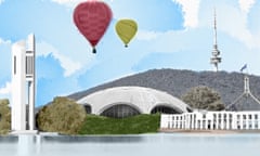 Composite illustration of Canberra landmarks including the National Carillon, Australian Academy of Science, Parliament House, the Telstra Tower on Black Mountain