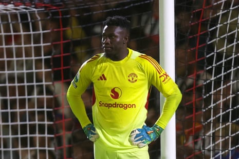 Andre Onana of Manchester United reacts during the Carabao Cup Second Round match between Grimsby Town and Manchester United