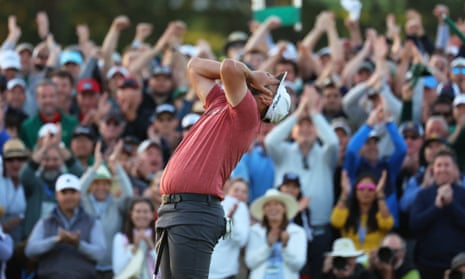 Spain's Jon Rahm celebrates on the 18th green after winning the Masters.