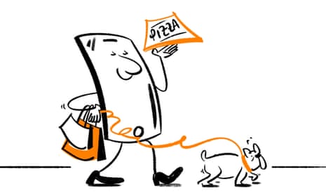 Illustration of microchip holding pizza, shopping and dog on a lead