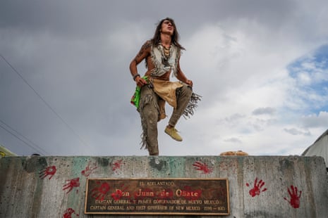 Than Tsídéh, 19, of the Ohkay Owingeh Pueblo dances on the empty platform where a statue of Juan de Oñate was removed.