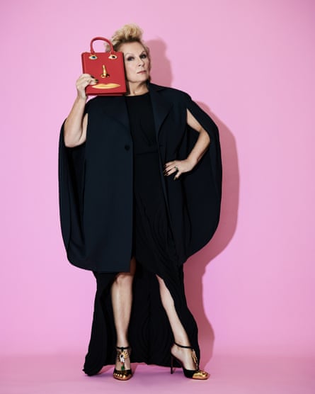 ‘I get offered really nice things, bits and bobs, little films – I couldn’t be happier’: Jennifer Saunders wears dress and coat by uk-store.isseymiyake.com; heels and bag by schiaparelli.com; and earrings by lovenesslee.com.