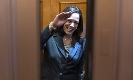 Kamala Harris rides an elevator on Capitol Hill today ahead of a key vote on voting rights legislation.