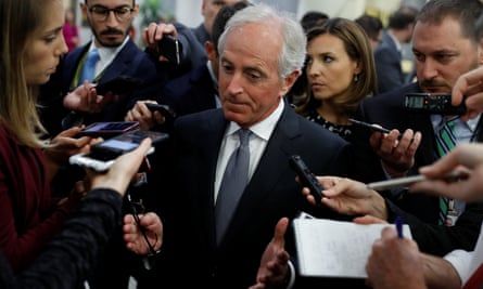 Bob Corker speaks with reporters on Capitol Hill.