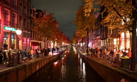 A view of Amsterdam's red light district looking out across the canal