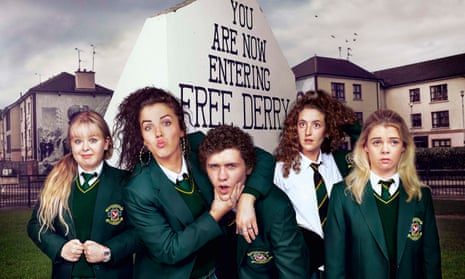 Four bolshy schoolgirls and one confused boy: Clare, Michelle, James, Orla and Erin in Derry Girls.