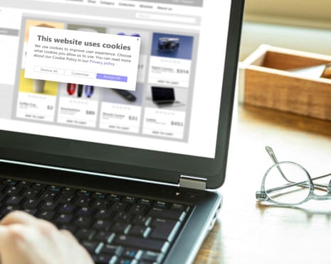 Detail of a website on a computer screen stating this website uses cookies