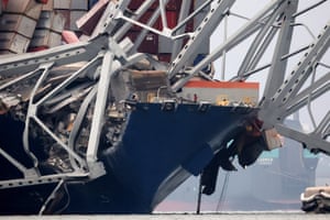 Baltimore, US. A close-up view of the Dali cargo vessel that crashed into the Francis Scott Key Bridge