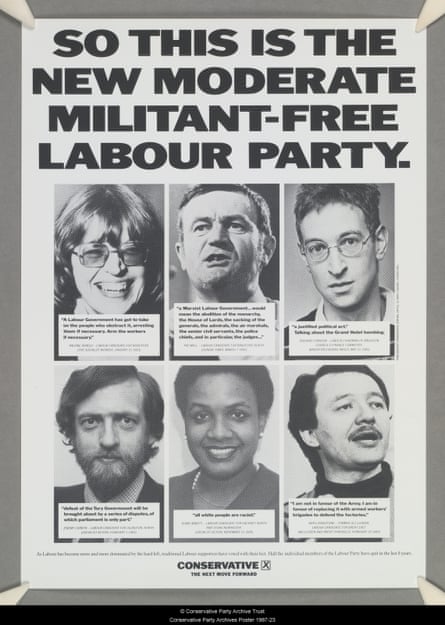 A newspaper advertisement for the British Conservative party from the 1987 general election depicts six members of the Labour party (including Jeremy Corbyn, Diane Abbott and Ken Livingstone) with the caption: ‘So this is the new moderate militant-free Labour Party’. 