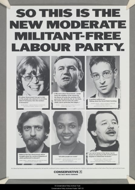 A newspaper advertisement for the British Conservative party from the 1987 general election depicts six members of the Labour party (including Jeremy Corbyn, Diane Abbott and Ken Livingstone) with the caption: ‘So this is the new moderate militant-free Labour Party’.