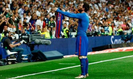 Lionel Messi celebrates after scoring his dramatic winning goal.