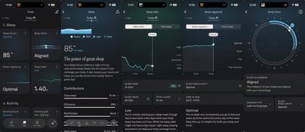 Screenshots from the Oura app showing various sleep data and analysis.