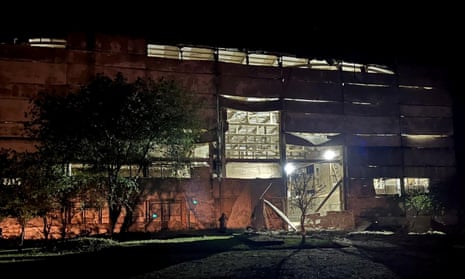A views shows an industrial building damaged by a Russian missile strike in Odesa.