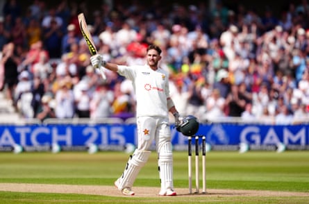 Opener Brian Bennett celebrates his record-breaking century, the quickest ever in Tests by a Zimbabwean.
