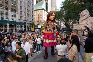 New York, US: Little Amal, a 3.5-metre-tall puppet of a young Syrian refugee girl is being displayed at New York Public Library. Her journey from the Syrian-Turkish border started in July 2021, and she has become a symbol of the struggles of refugees