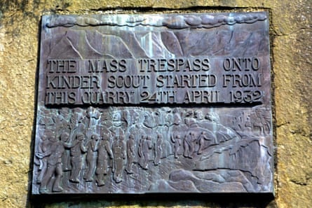 The plaque in the quarry near Hayfield, Derbyshire, where the mass trespass of Kinder Scout began on 24 April 1932.