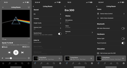 O aplicativo Sonos mostrando configurações e controles de reprodução do Era 300.