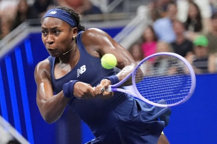 Coco Gauff returns a shot against Zeynep Sonmez during their first-round match at the US Open on Tuesday.