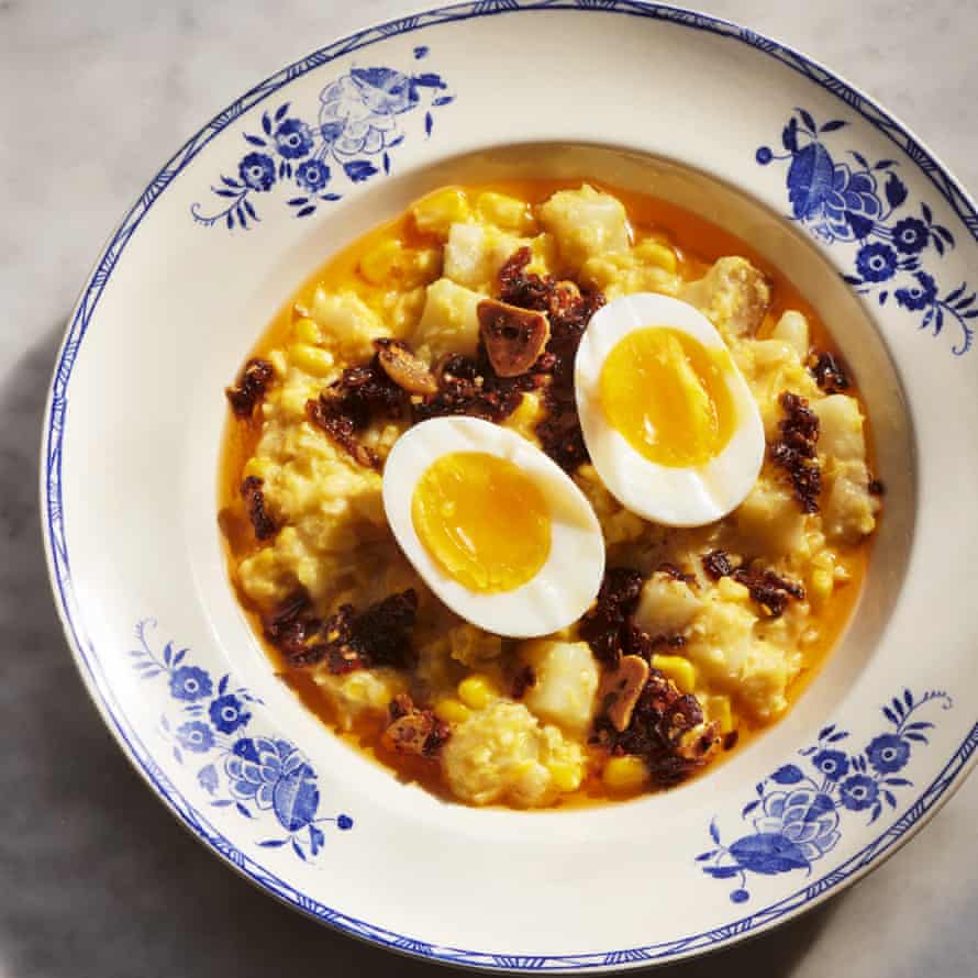 Creamed corn, soft-boiled egg and garlic chilli crisp.