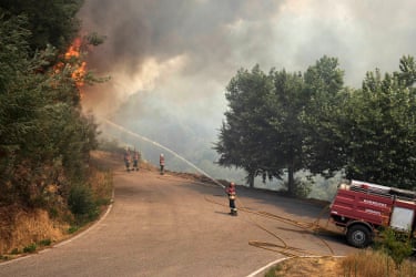 Firefighters tackle a wildfire by the side of the road