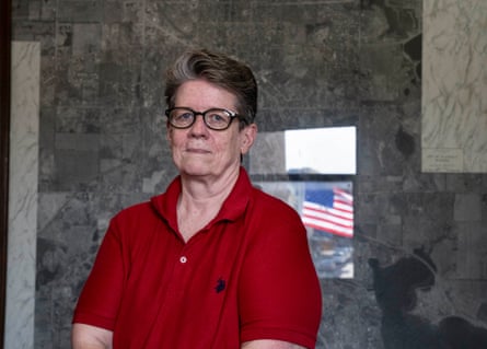 Penny Swan, a political activist and citizen journalist, is photographed at Hillsdale City Hall in Hillsdale, Michigan, on Wednesday, May 8, 2024.