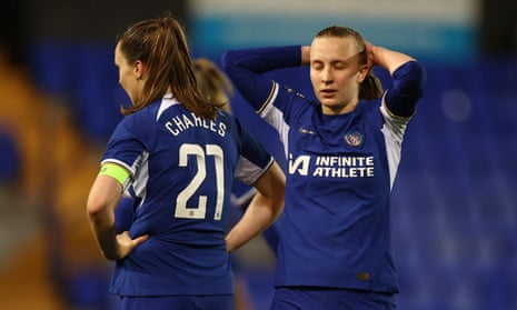Niamh Charles (left) and Aggie Beever-Jones of Chelsea look dejected following their side’s defeat to Liverpool.