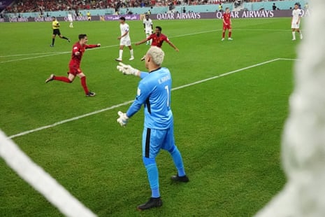 Costa Rica’s Keylor Navas looks dejected after Spain’s Gavi scores their fifth goal.