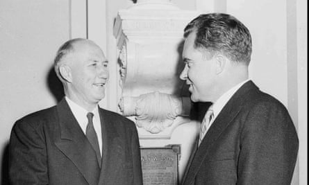 Two architects of modern conservative politics: a young Richard Nixon congratulates Strom Thurmond as he is sworn in as a senator in 1955.