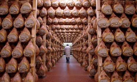 Parma hams hung to dry at a smokehouse in Langhirano, Italy. 