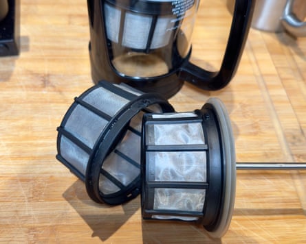 Filters from a cafetiere on a kitchen counter.