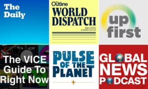Composite image showing logos for various podcasts (clockwise from top left) The Daily, Outline World Dispatch, NPR Up First, BBC Global News Podcast, Pulse of the Planet, and The VICE Guide to Right Now