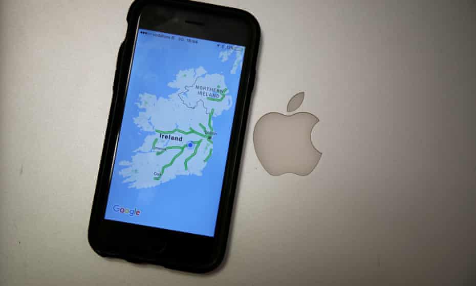 an iPhone displaying a map of Ireland next to the Apple logo