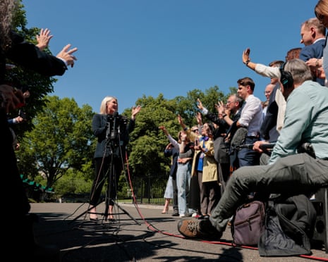 Karoline Leavitt speaks with media.