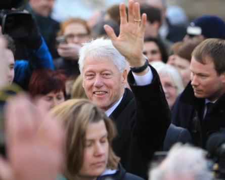 Former US President Bill Clinton waves outside of St Columba’s Church in Londonderry, Northern Ireland, Britain, 23 March 2017, during the funeral of Sinn Fein’s Martin McGuinness