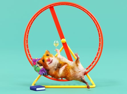 illo of a hamster lying on a wheel with a glass of wine