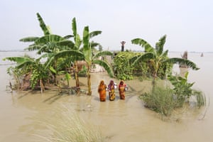 Three women stand in the flood water surrounded by partly submerged trees